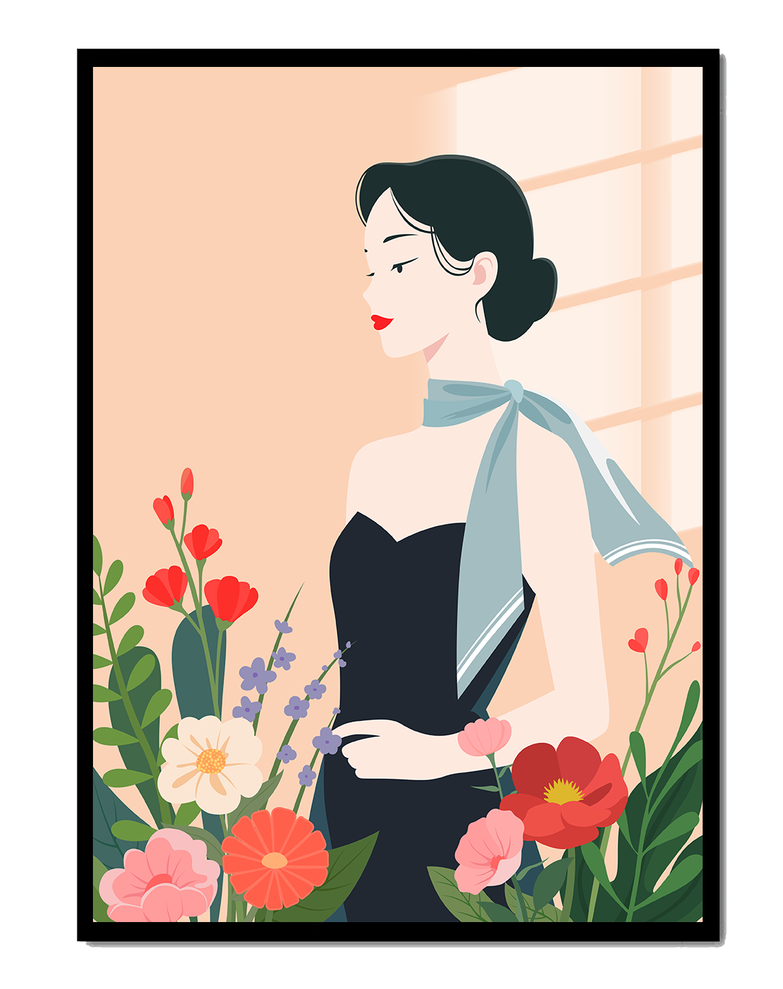 Mujer elegante con fondo floral y bufanda