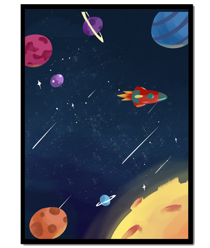 Farbenfrohes Weltraumabenteuer mit Planeten und Raketenillustration