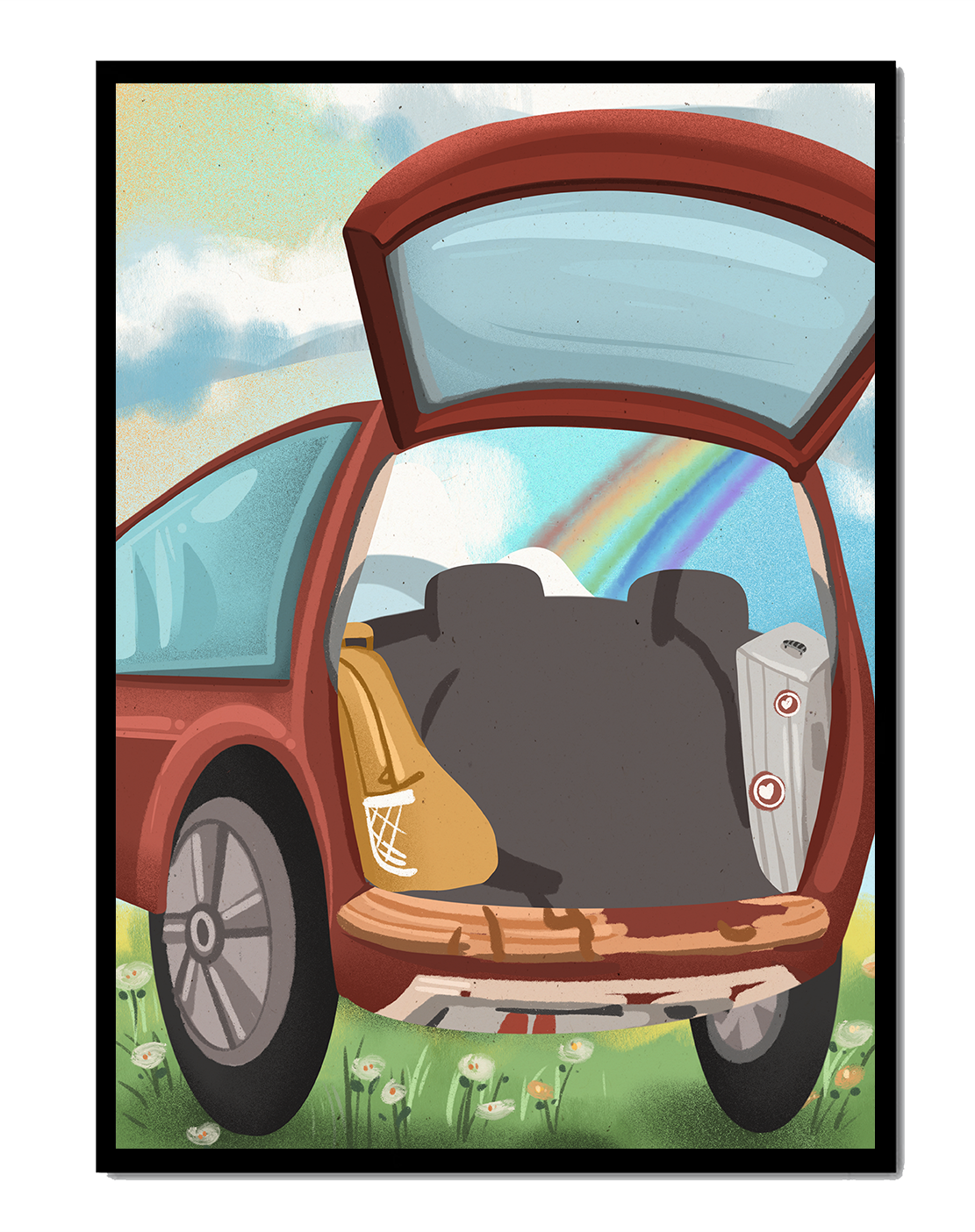 Car Trunk with Picnic Items and Rainbow in Background