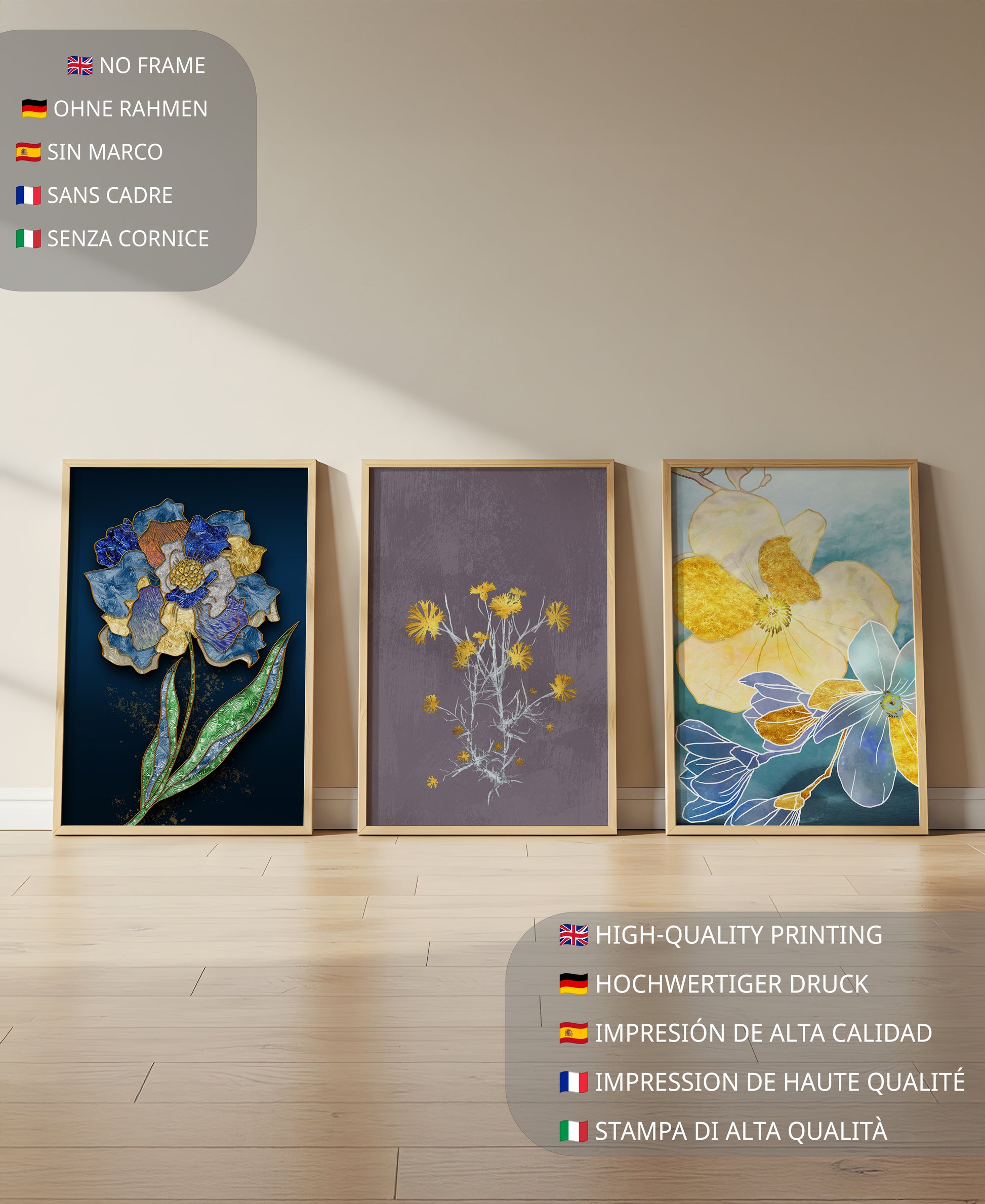 Art floral moderne avec des motifs de fleurs et des éléments dorés