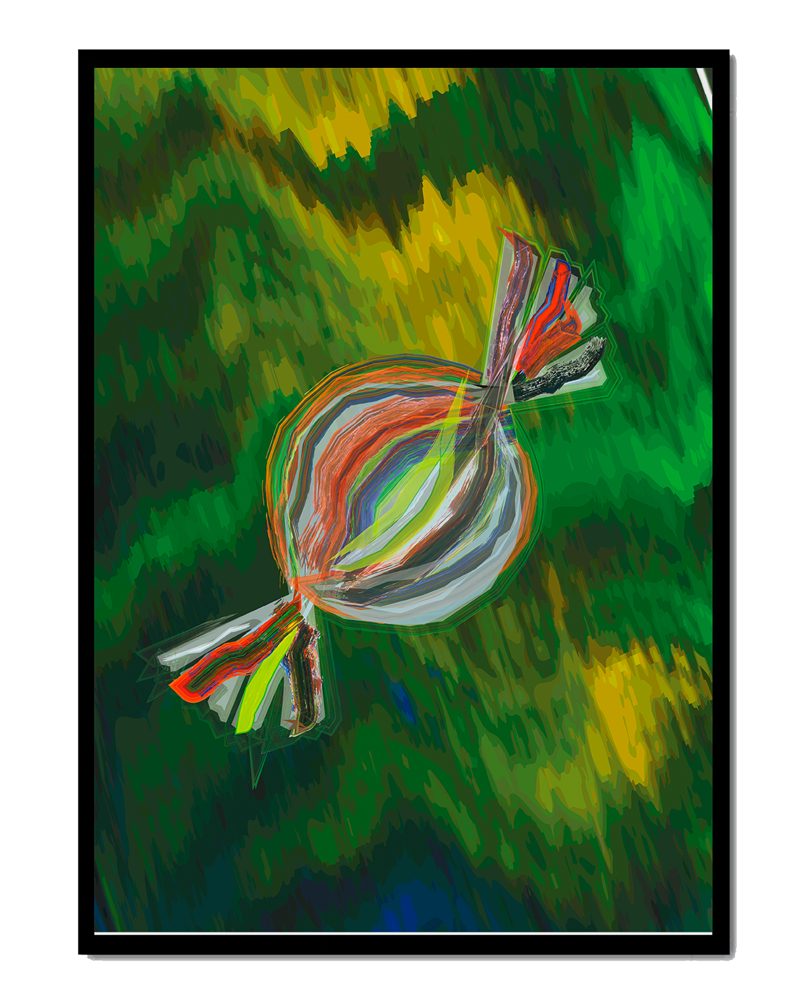 Patrón abstracto colorido con pinceladas dinámicas sobre fondo verde