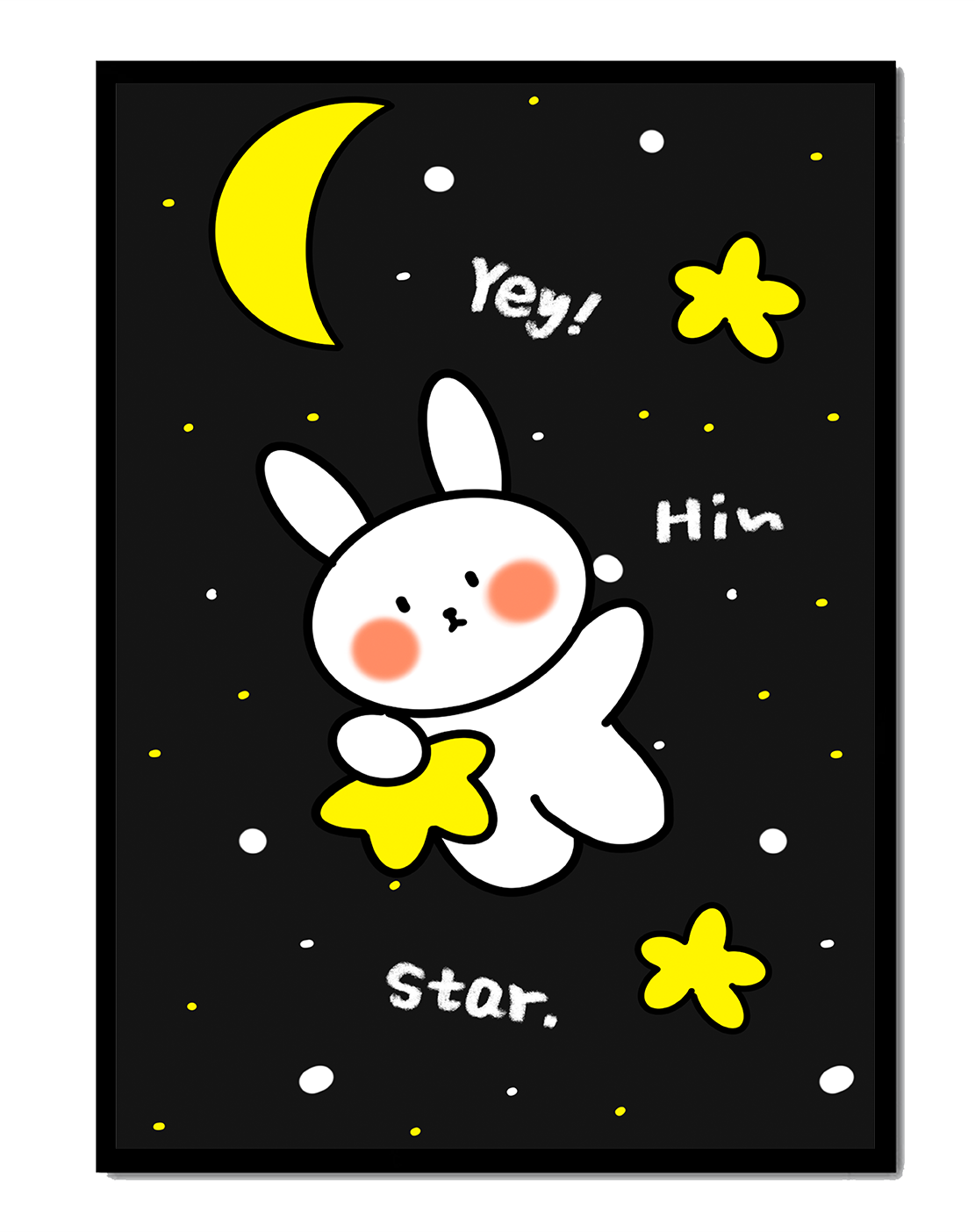 Adorable bunny with stars and moon on a night sky background
