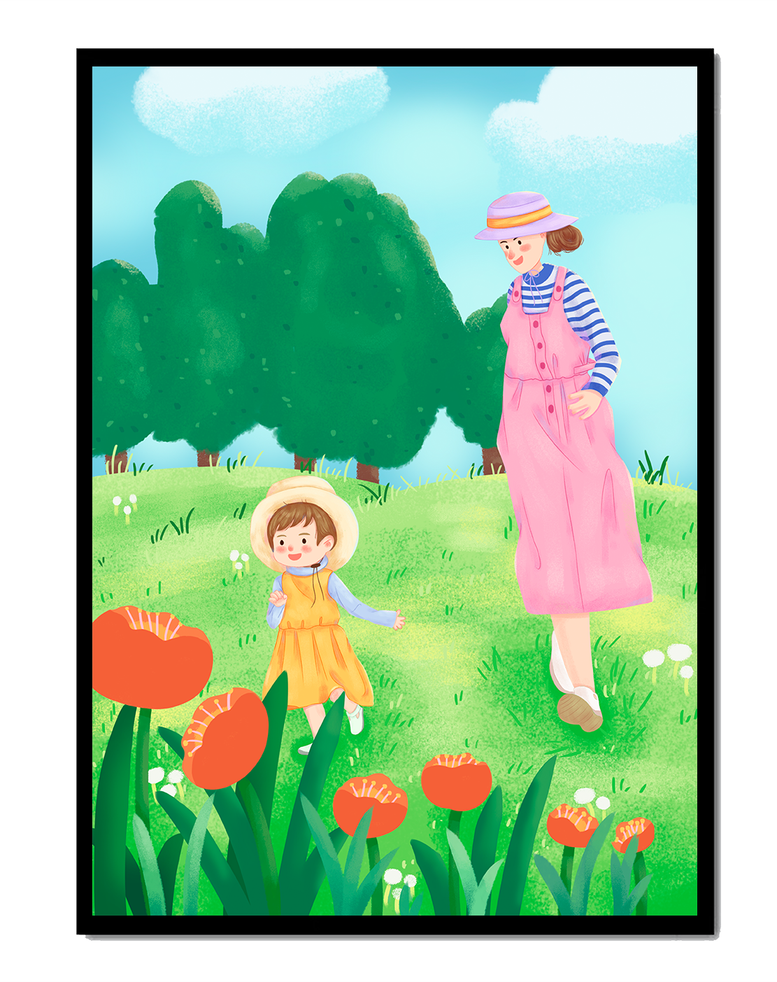 Mother and child in a floral garden under clear skies