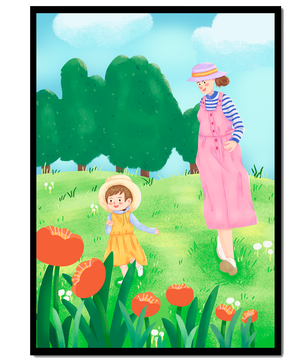 Mother and child in a floral garden under clear skies