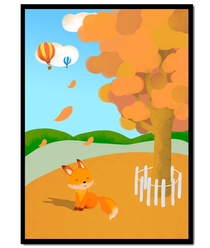 Herbstszene mit einem süßen Fuchs, Heißluftballons und einem bunten Baum