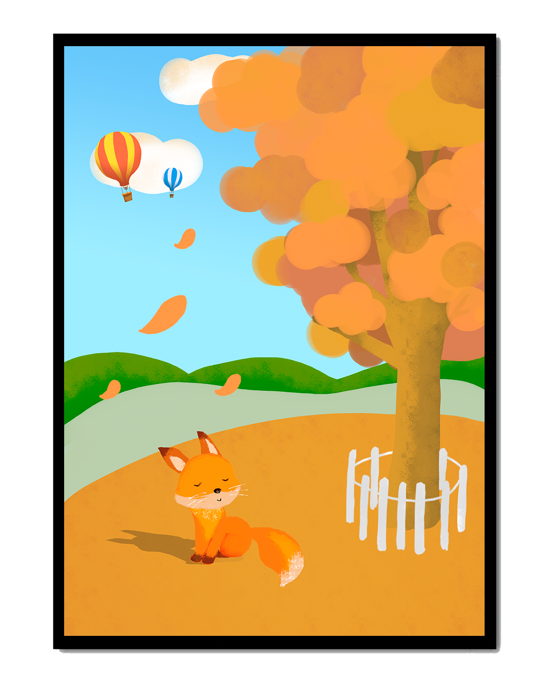 Herbstszene mit einem süßen Fuchs, Heißluftballons und einem bunten Baum