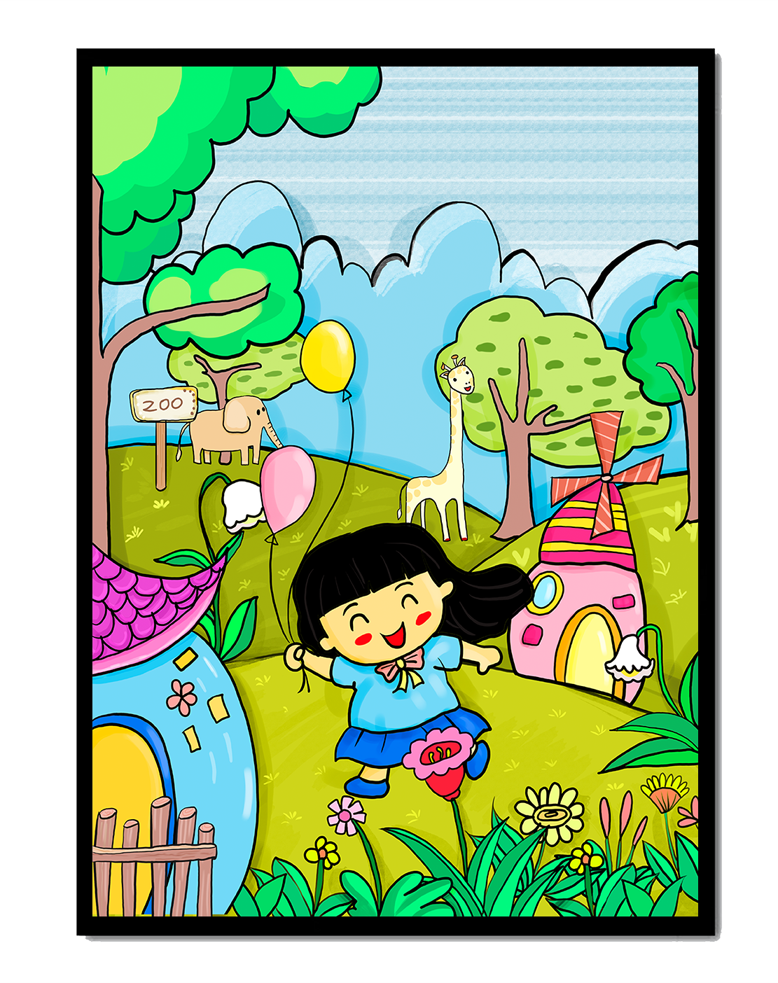 Colorful children's illustration of a joyful zoo visit with animals