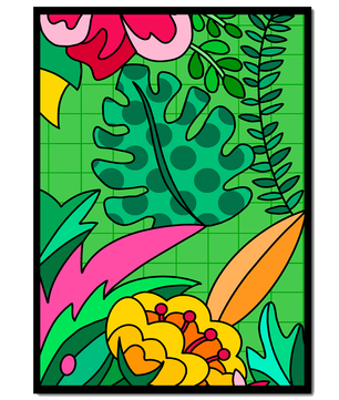 Colorful botanical illustration with vibrant tropical elements