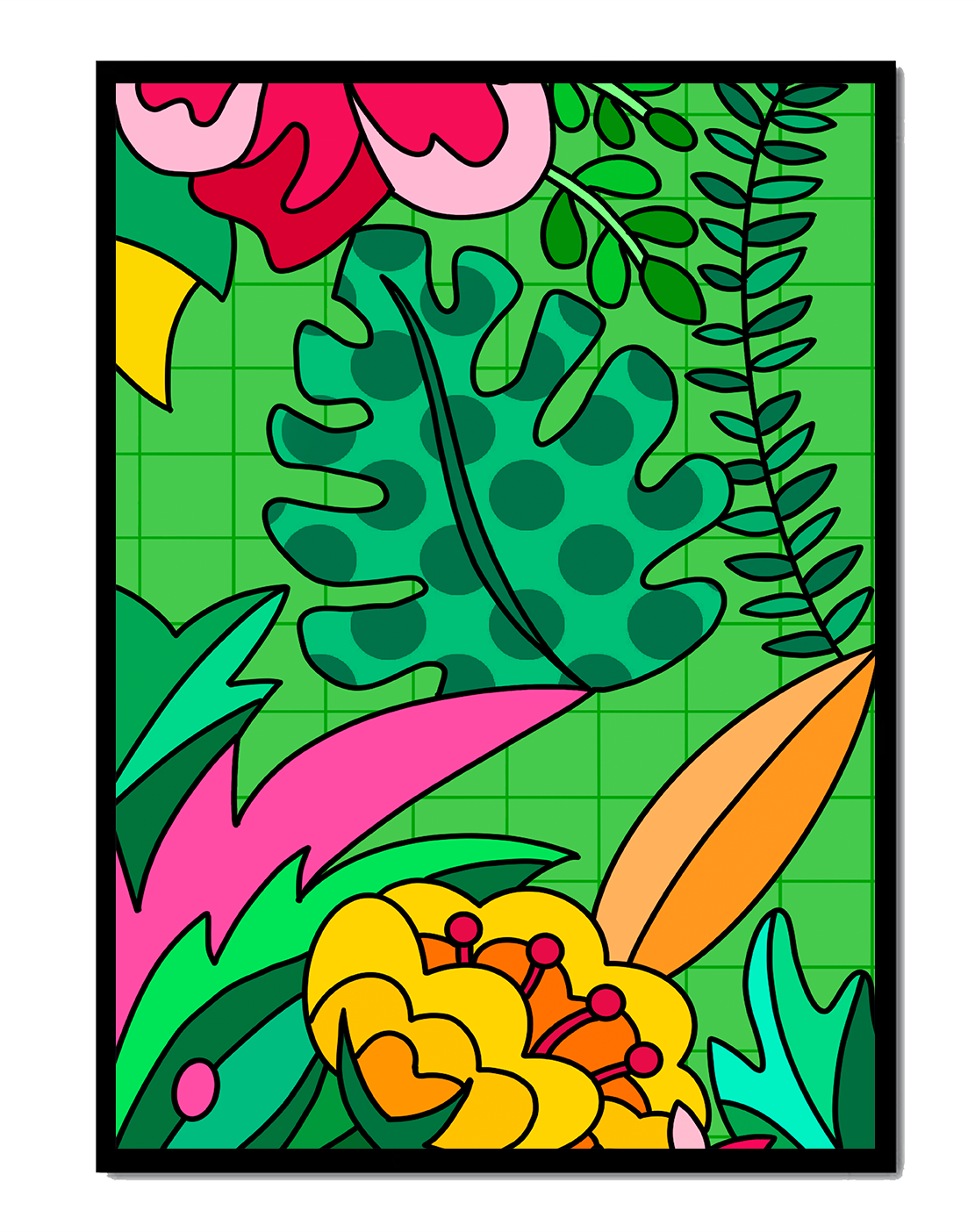 Colorful botanical illustration with vibrant tropical elements