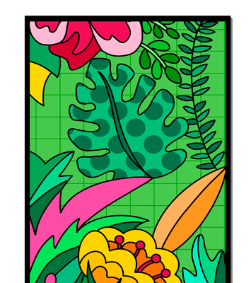 Colorful botanical illustration with vibrant tropical elements