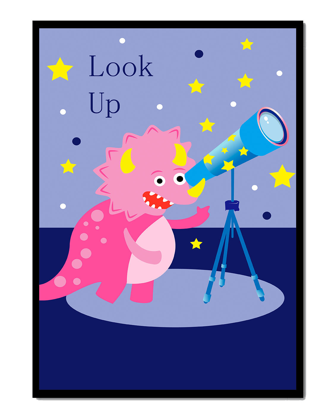 Pink cartoon dinosaur looking through a telescope with stars