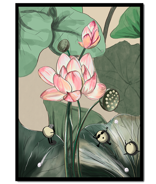 Illustrated lotus with playful cartoon bees in a serene garden