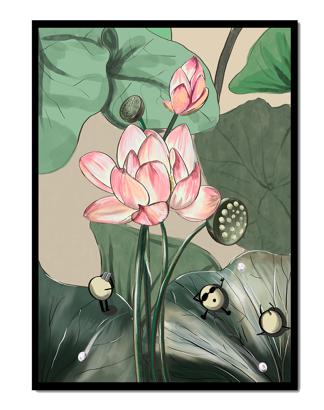 Illustrated lotus with playful cartoon bees in a serene garden