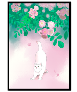 White cat stretching beneath blooming flowers in a pastel garden setting