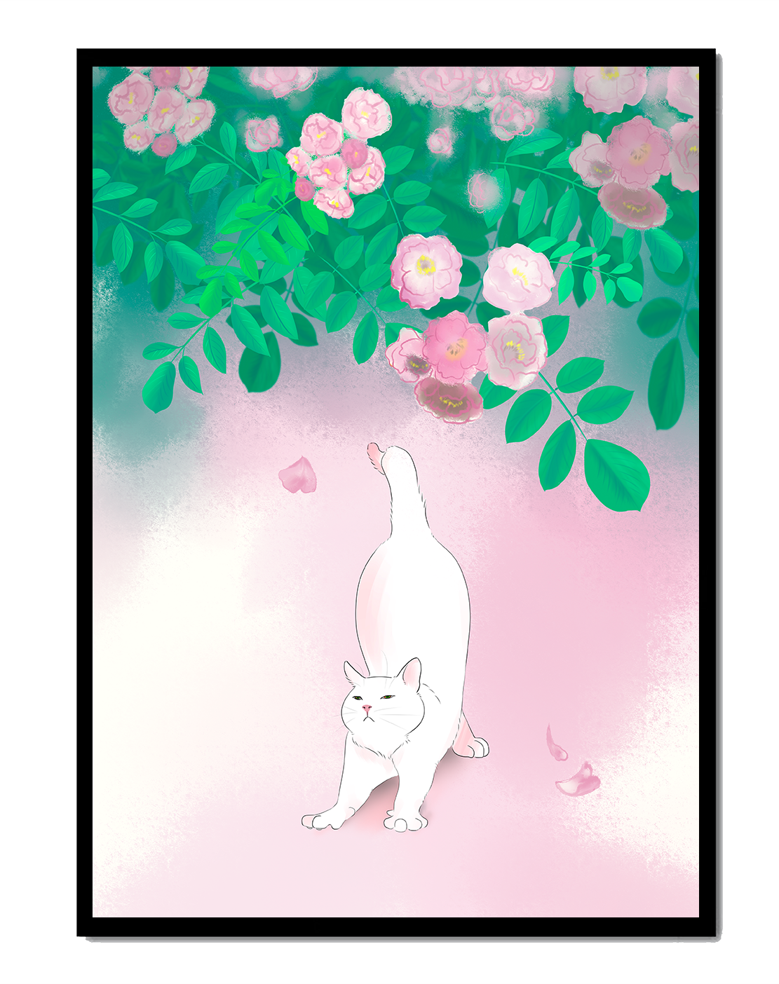White cat stretching beneath blooming flowers in a pastel garden setting