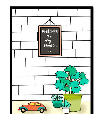Chalkboard welcome sign with potted plants and a toy car