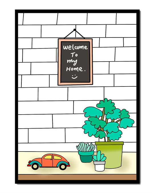 Chalkboard welcome sign with potted plants and a toy car