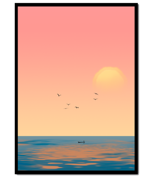 Tranquille coucher de soleil sur l'océan calme avec des oiseaux dans le ciel