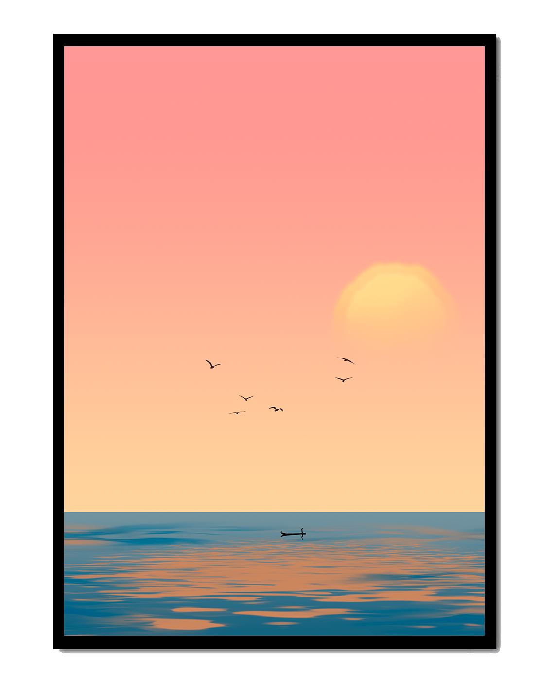 Tranquille coucher de soleil sur l'océan calme avec des oiseaux dans le ciel