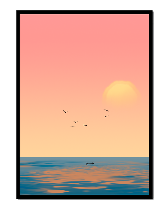 Serene sunset over calm ocean with birds in sky