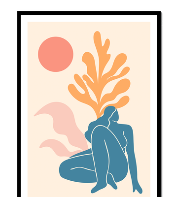 Abstract Nude Figure in Minimalist Design with Botanical Elements