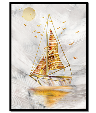 Elegant sailboat with gold elements against a textured sky