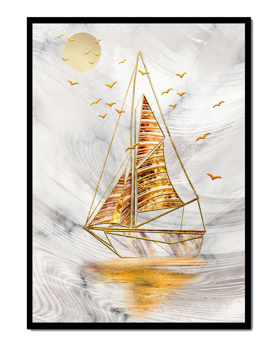 Elegant sailboat with gold elements against a textured sky