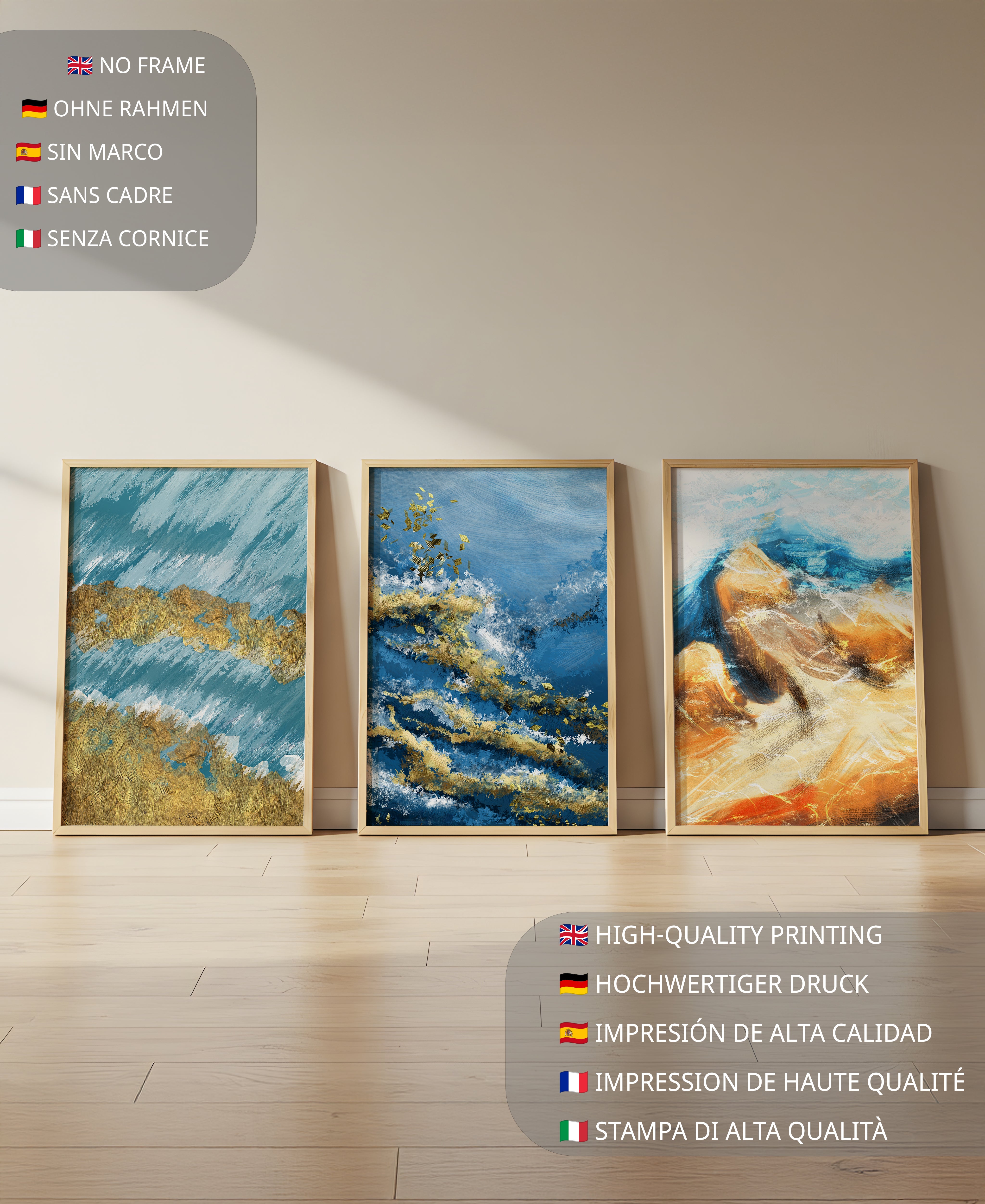 Conjunto de Cuadros Abstractos con Texturas Doradas en Estilo Moderno