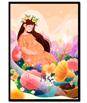 Femme dans la nature avec des fleurs et des notes de musique