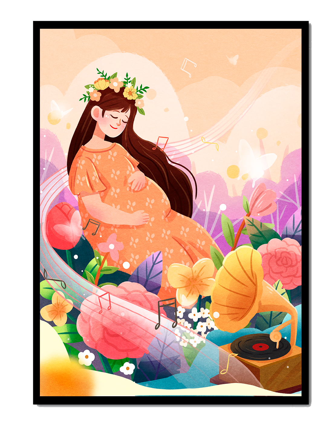 Woman in nature with flowers and musical notes
