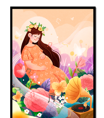 Woman in nature with flowers and musical notes