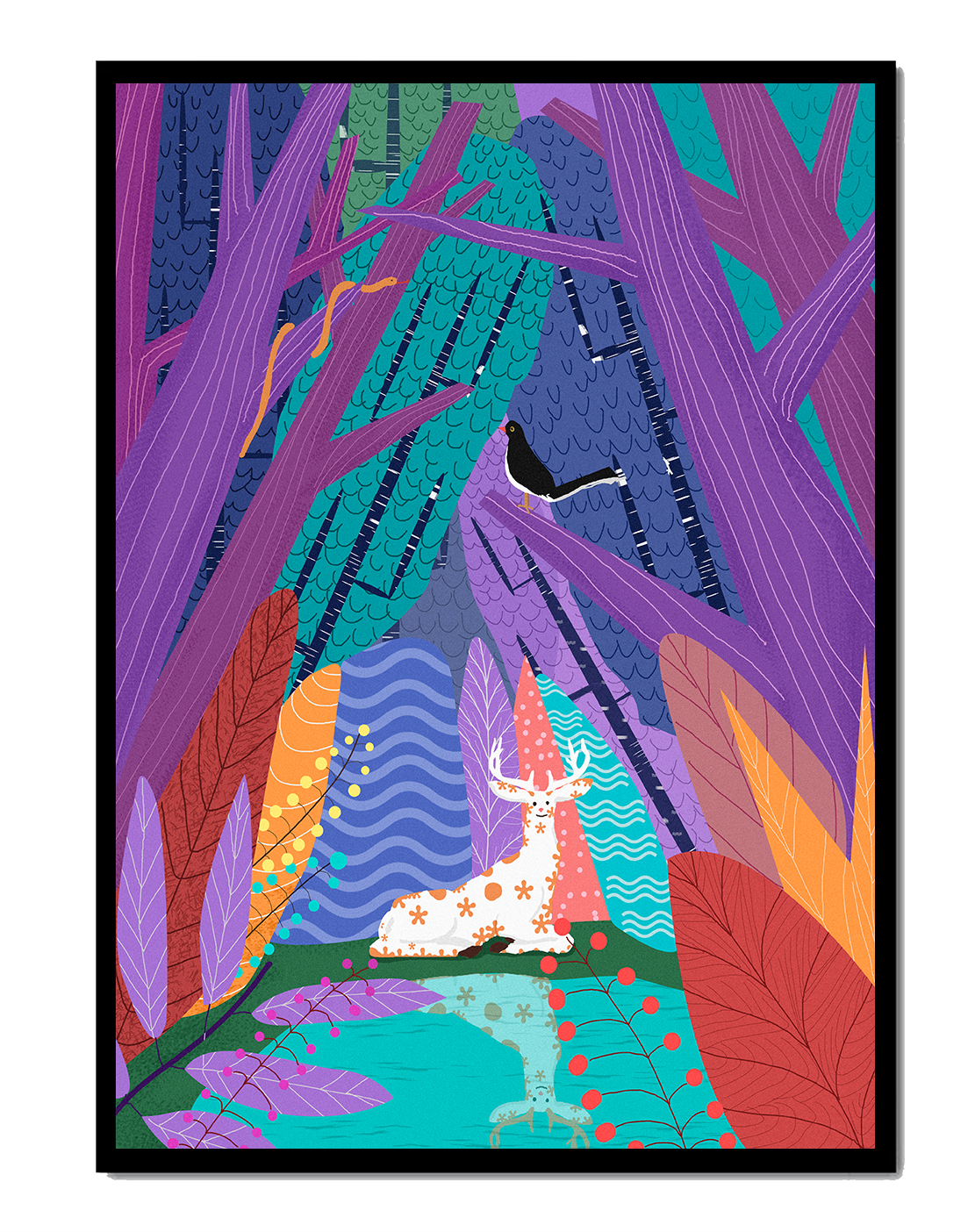 Colorful forest scene with deer and bird under vibrant foliage