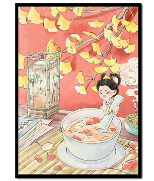Charmante illustration d’un enfant avec un bol sous des feuilles d’automne