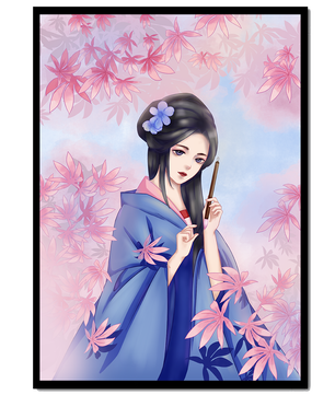 Ilustración elegante de una geisha con kimono azul y hojas rosadas