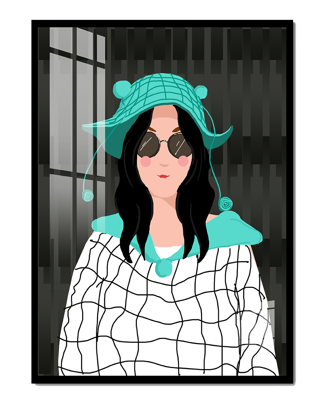 Illustration of a woman in a colorful hat and sunglasses