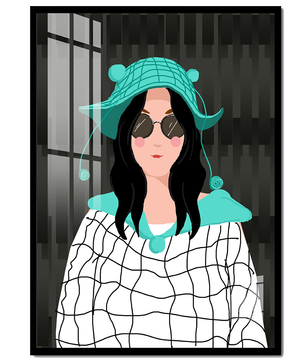 Illustration of a woman in a colorful hat and sunglasses