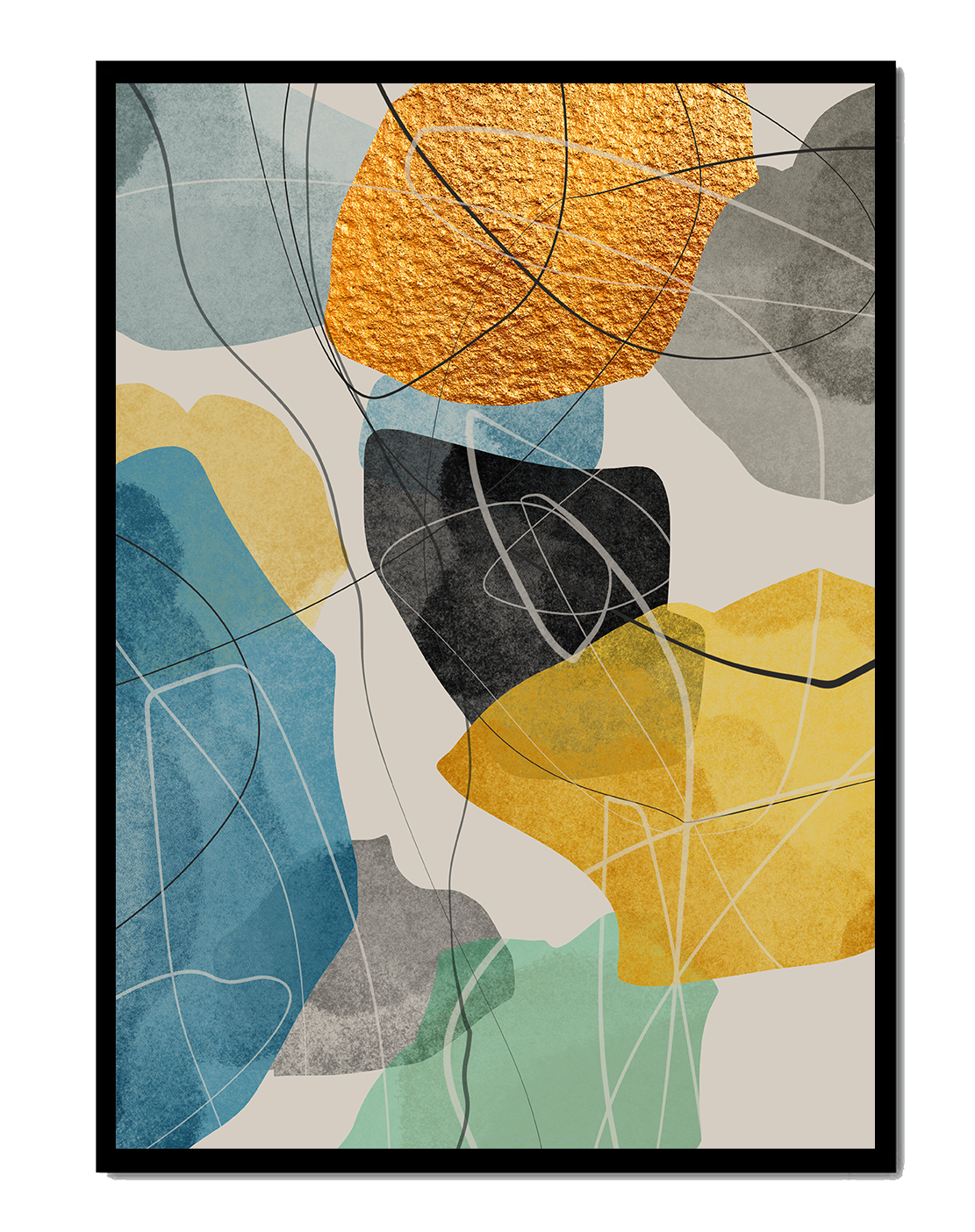 Arte geométrico abstracto con acentos dorados y colores vibrantes