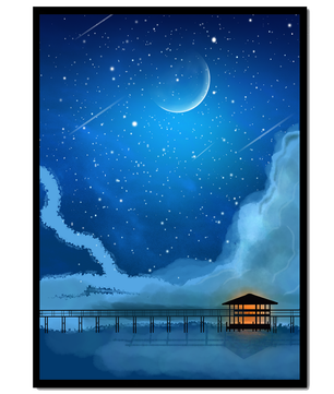 Serene Night Sky with Crescent Moon, Stars, and Pier Over Water