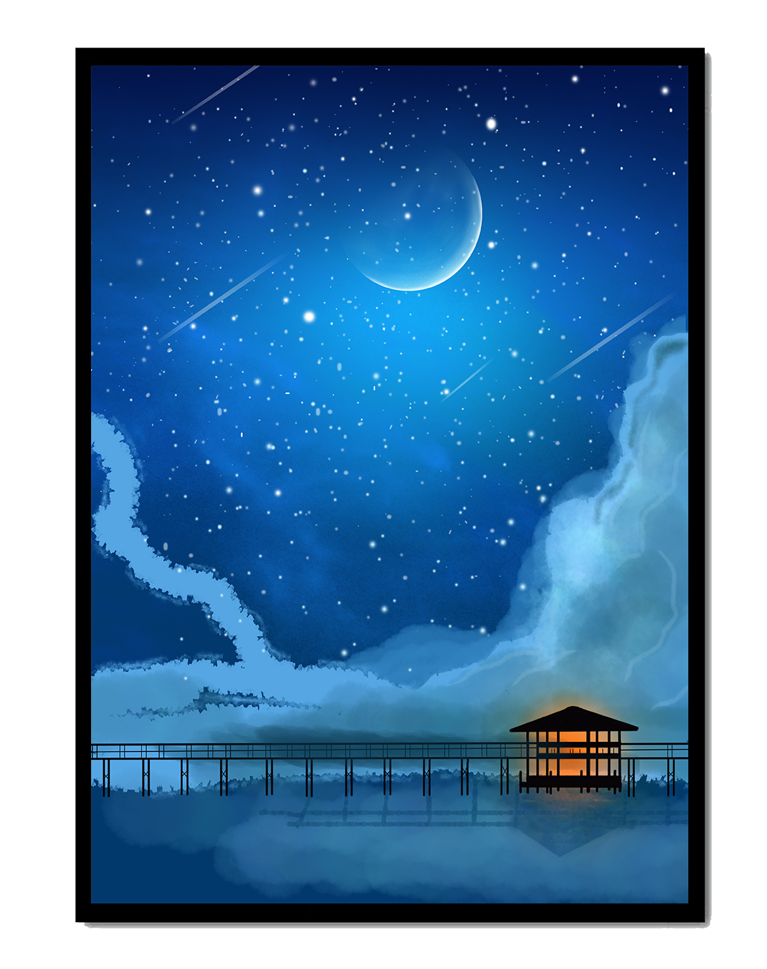 Serene Night Sky with Crescent Moon, Stars, and Pier Over Water