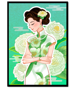 Mujer elegante en vestido tradicional floral con expresión serena