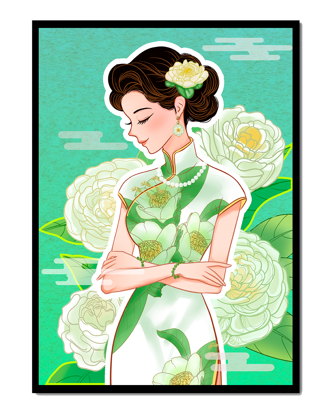 Mujer elegante en vestido tradicional floral con expresión serena
