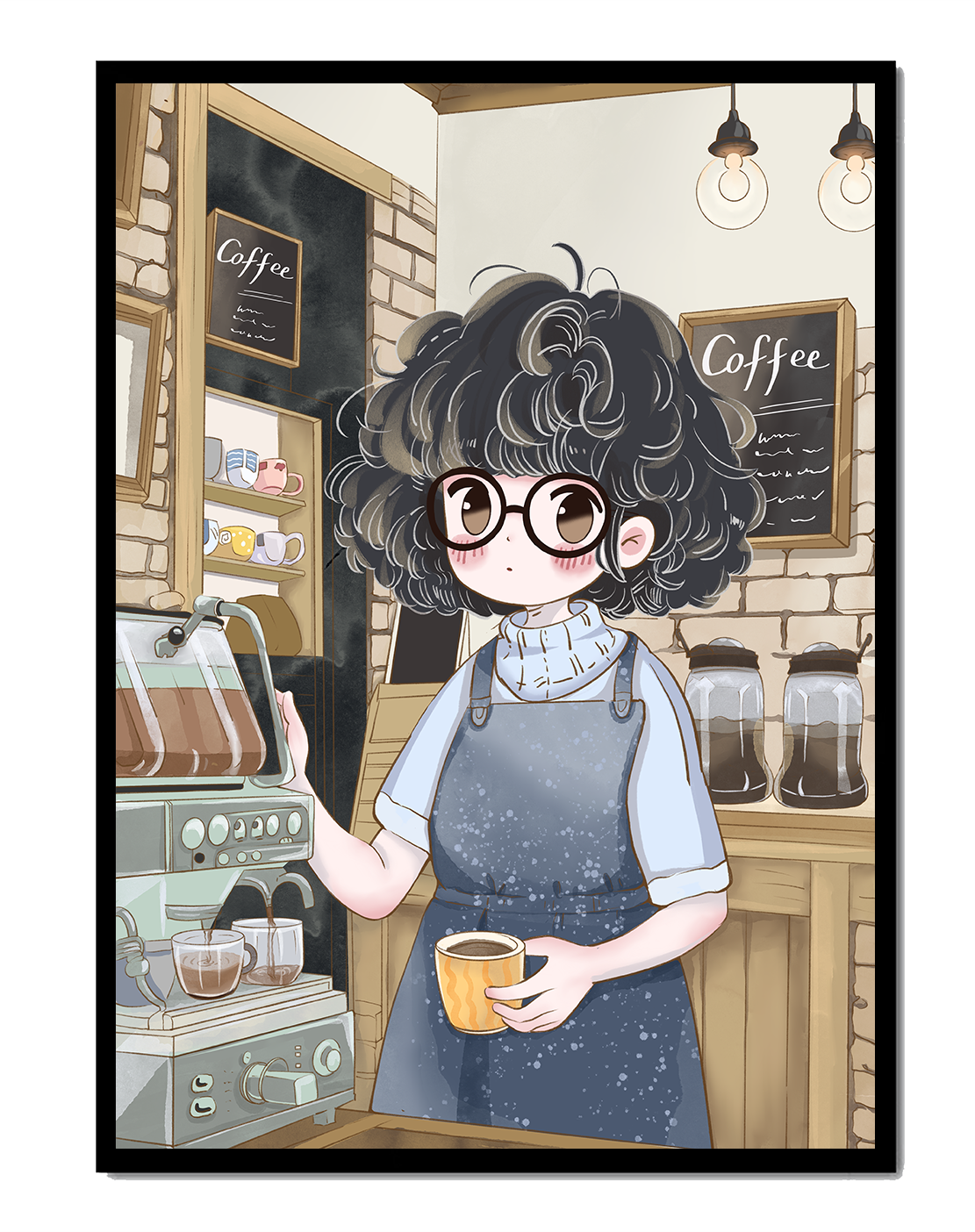 Escena encantadora de café con barista preparando café