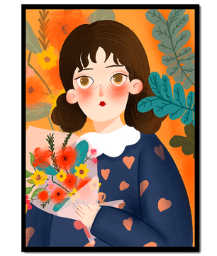 Ilustración colorida de una chica con flores rodeada de un fondo floral vibrante