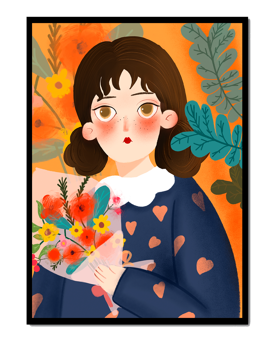 Colorful illustration of a girl with flowers surrounded by a vibrant floral background
