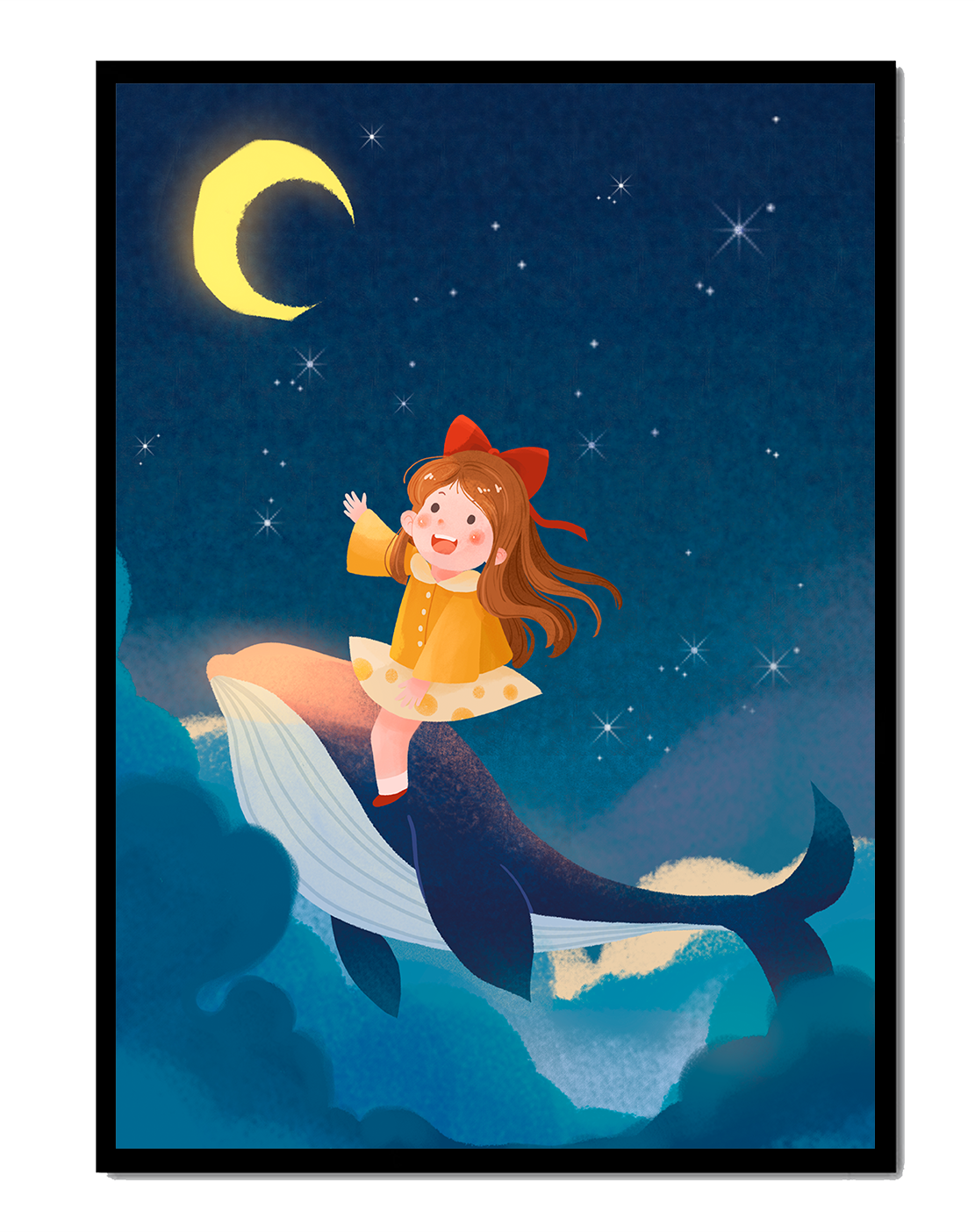 Girl on a whale under starry night sky