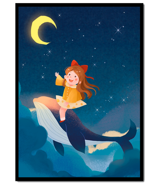 Girl on a whale under starry night sky