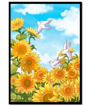 Friedliche Szene mit Sonnenblumen und Tauben unter einem strahlend blauen Himmel
