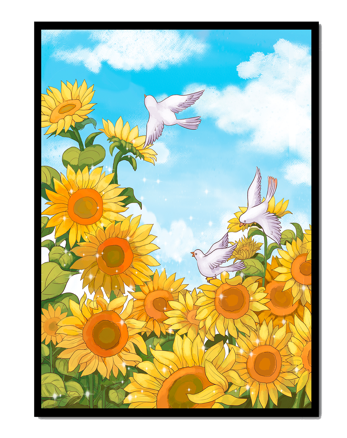 Friedliche Szene mit Sonnenblumen und Tauben unter einem strahlend blauen Himmel