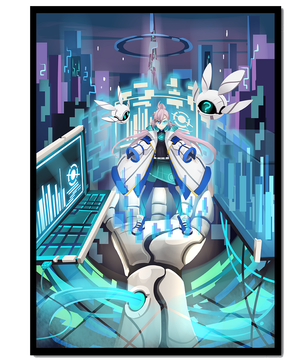 Escena futurista de anime digital con elementos de ciencia ficción y compañeros robóticos