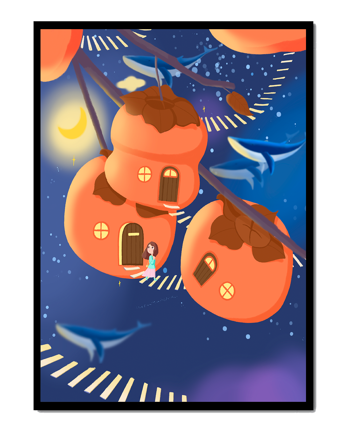 Whimsical night scene with floating persimmon houses and swimming whales